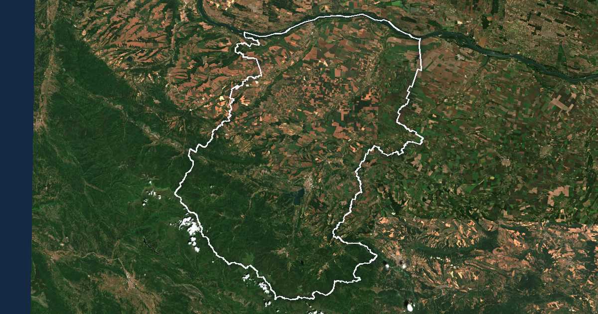 Satellitenbild mit eingezeichneter Grenze: Oblast Montana