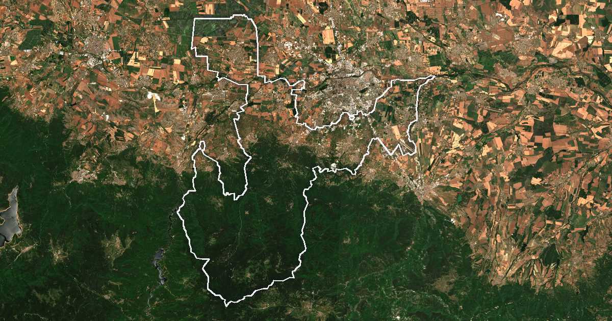 Satellitenbild mit eingezeichneter Grenze: Rodopi