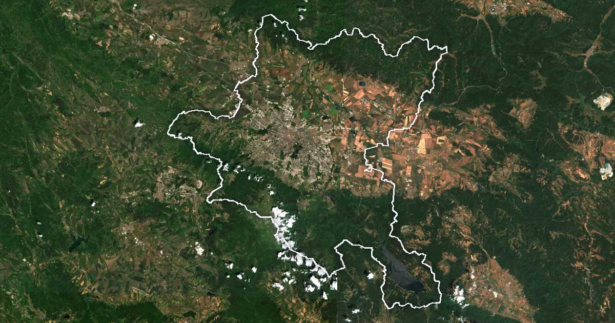 Satellitenbild mit eingezeichneter Grenze: Oblast Sofia-Stadt