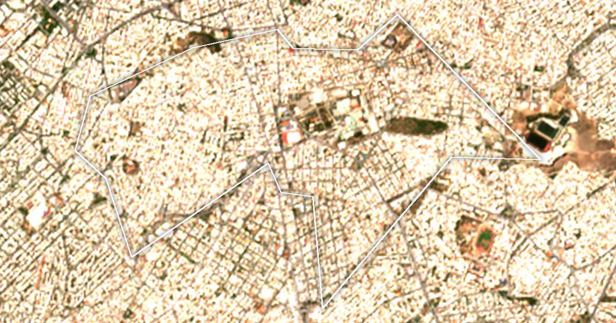 Satellitenbild mit eingezeichneter Grenze: Dafni-Ymittos