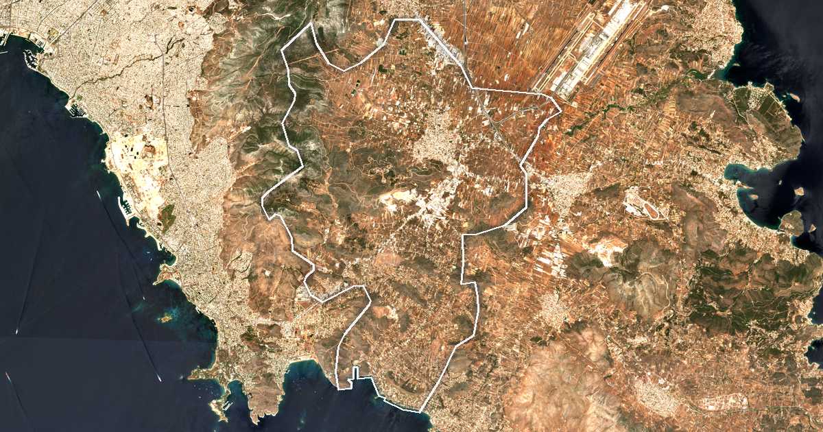 Satellitenbild mit eingezeichneter Grenze: Dímos Kropías