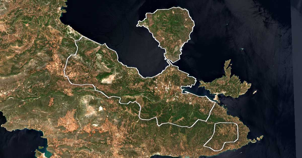 Satellitenbild mit eingezeichneter Grenze: Trizinia-Methana