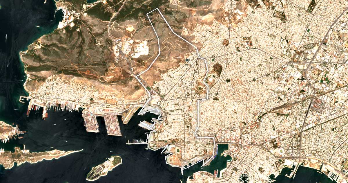 Satellitenbild mit eingezeichneter Grenze: Dímos Keratsiníou - Drapetsónas
