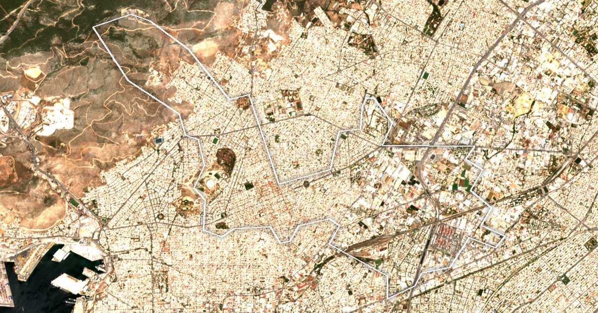 Satellitenbild mit eingezeichneter Grenze: Nikea-Agios Ioannis Rendis