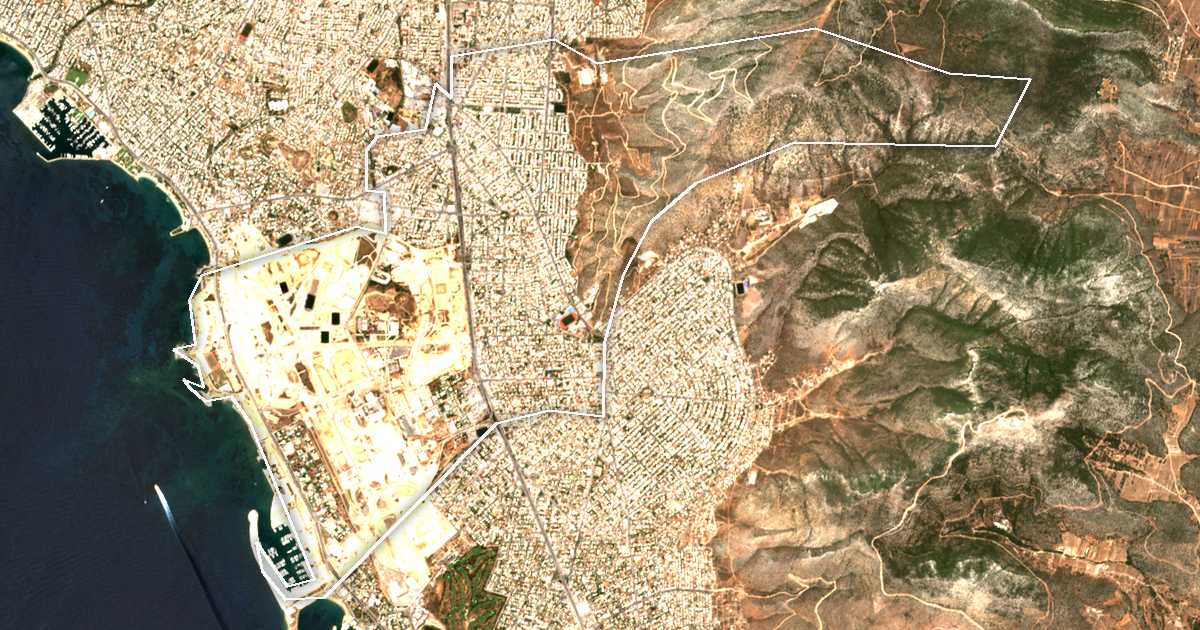 Satellitenbild mit eingezeichneter Grenze: Dímos Ellinikoú - Argyroúpolis