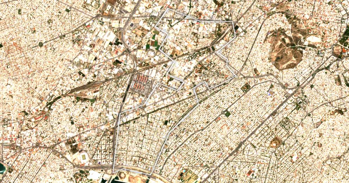 Satellitenbild mit eingezeichneter Grenze: Moschato-Tavros