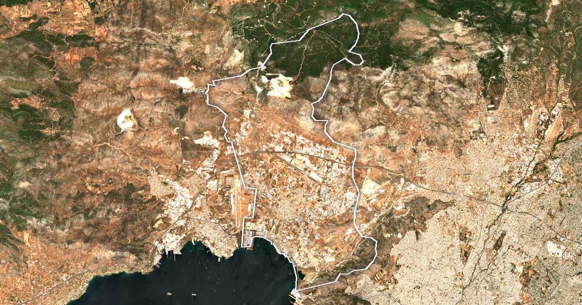 Satellitenbild mit eingezeichneter Grenze: Dímos Aspropýrgou