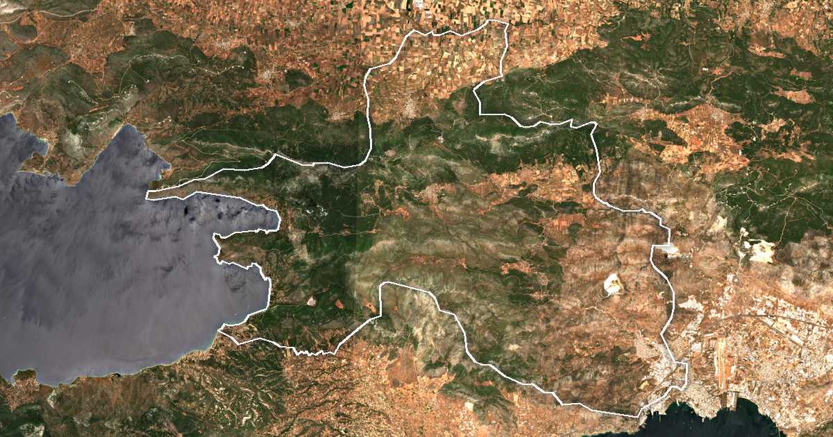 Satellitenbild mit eingezeichneter Grenze: Dímos Mándras - Eidyllías