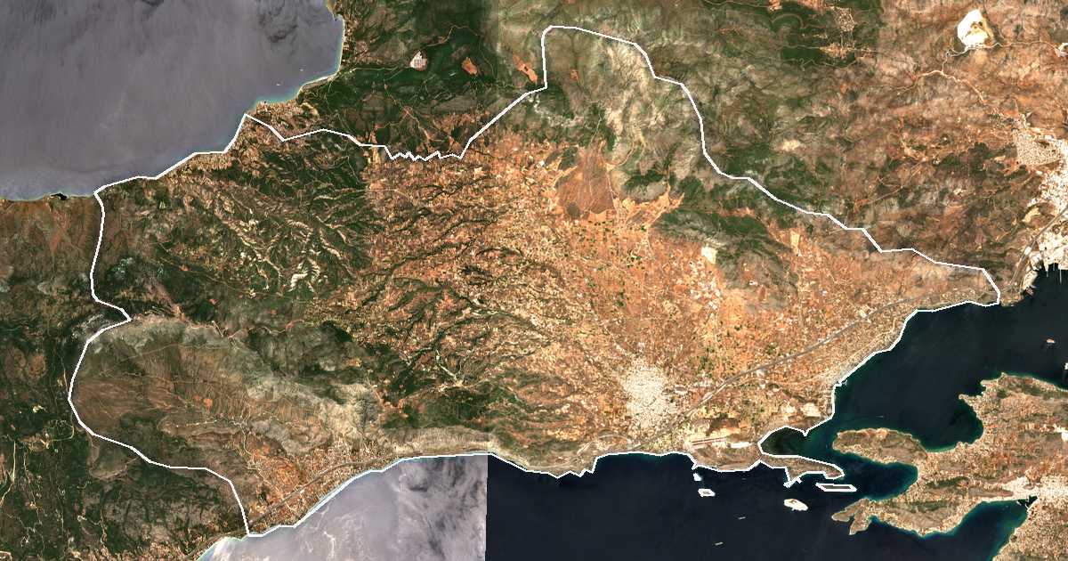 Satellitenbild mit eingezeichneter Grenze: Dímos Megaréon