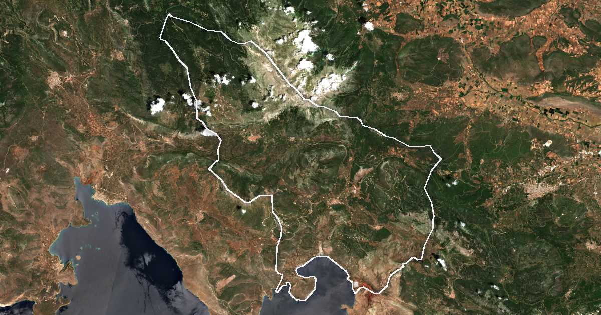 Satellitenbild mit eingezeichneter Grenze: Distomo-Arachova-Andikyra