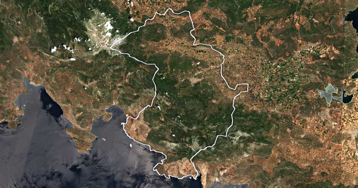 Satellitenbild mit eingezeichneter Grenze: Dímos Levadéon