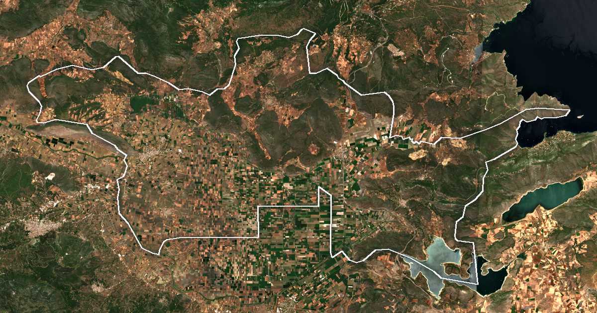 Satellitenbild mit eingezeichneter Grenze: Dímos Orchomenoú