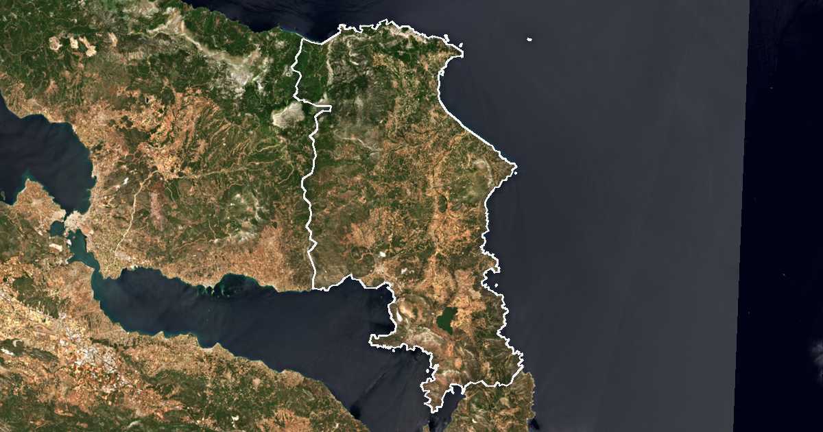 Satellitenbild mit eingezeichneter Grenze: Dímos Kýmis - Aliveríou