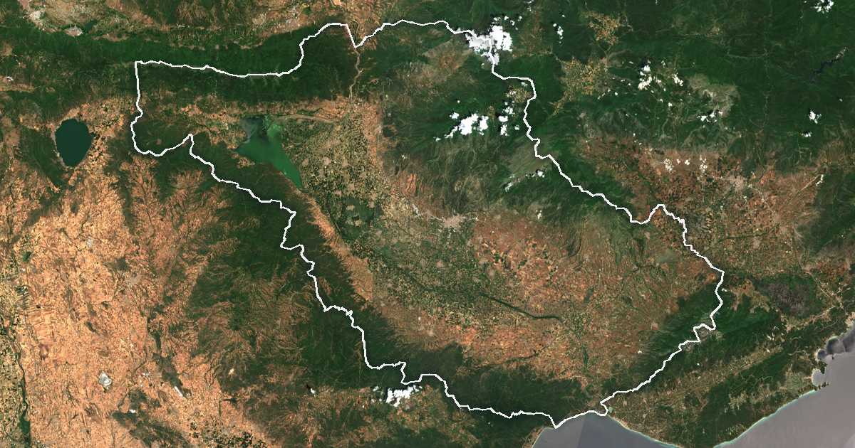 Satellitenbild mit eingezeichneter Grenze: Perifereiakí Enótita Serrón