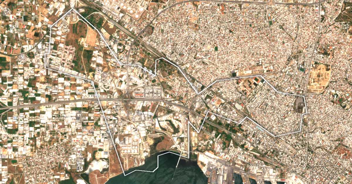 Satellitenbild mit eingezeichneter Grenze: Ambelokipi-Menemeni