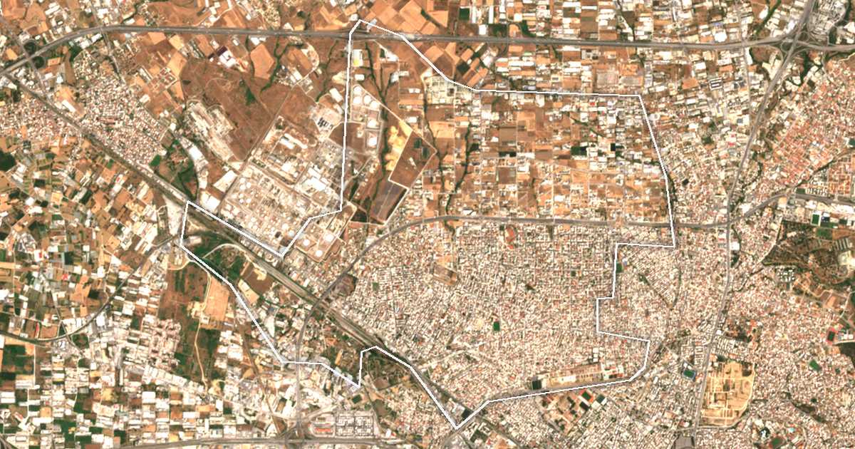 Satellitenbild mit eingezeichneter Grenze: Kordelio-Evosmos