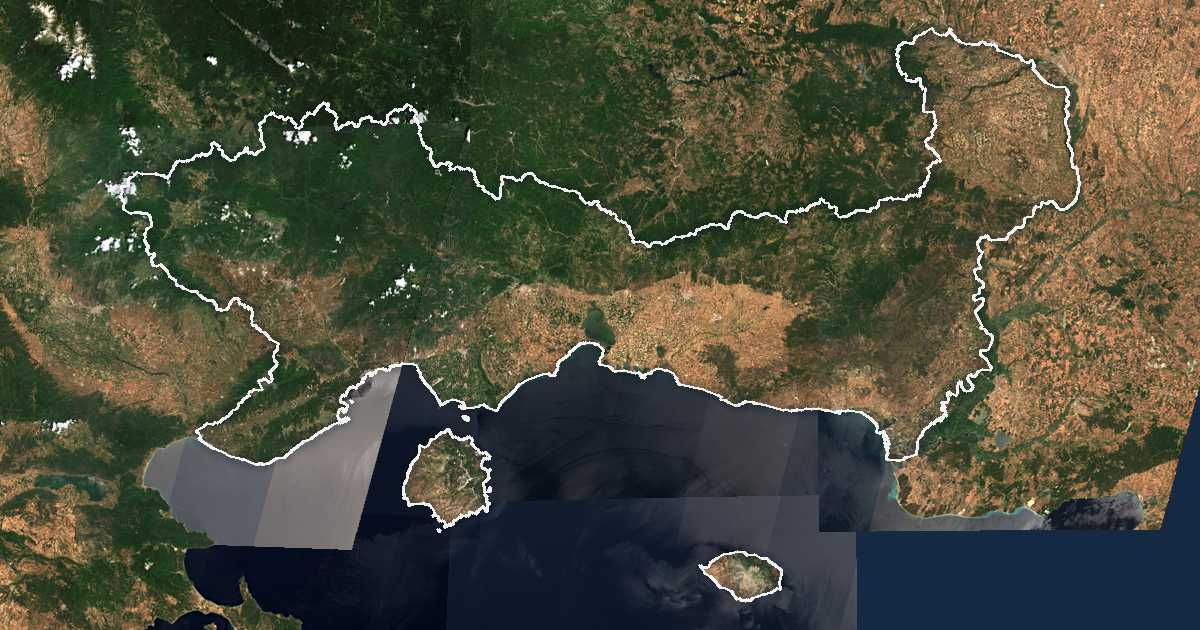 Satellitenbild mit eingezeichneter Grenze: Ostmakedonien und Thrakien