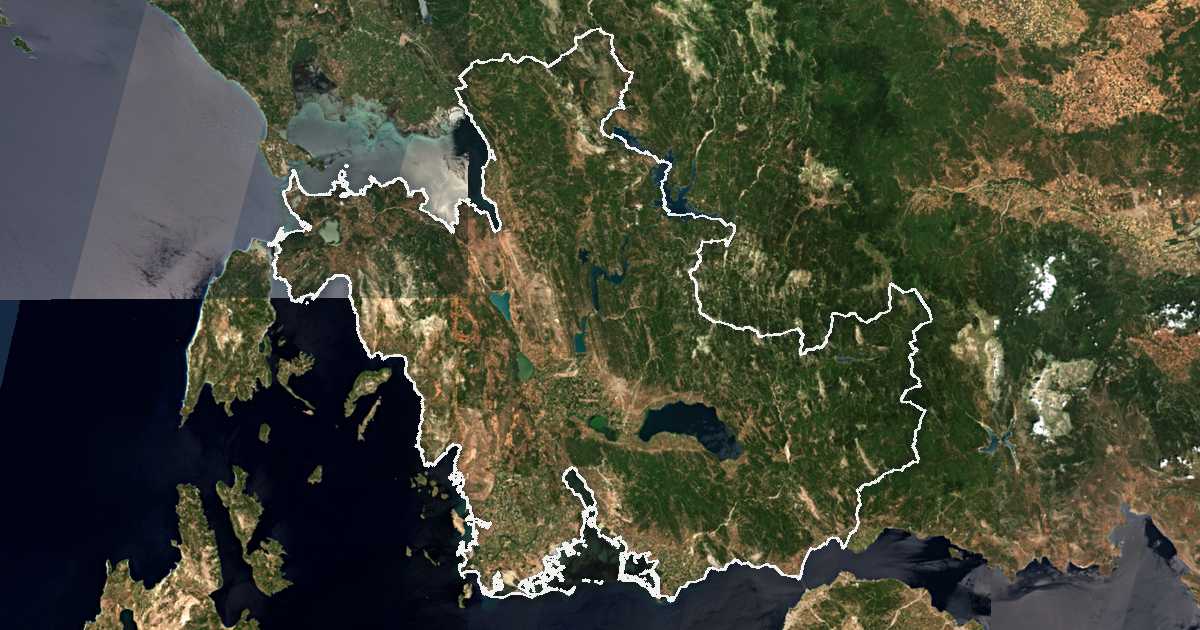 Satellitenbild mit eingezeichneter Grenze: Ätolien-Akarnanien