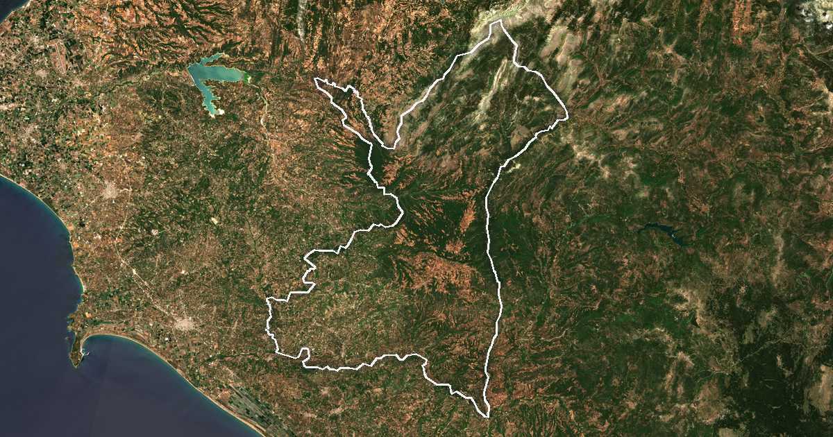 Satellitenbild mit eingezeichneter Grenze: des antiken Olympia